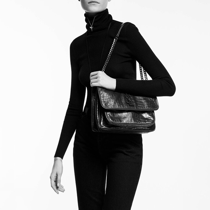 9a+ysl saint laurent niki medium crocodile-embossed leather shoulder bag